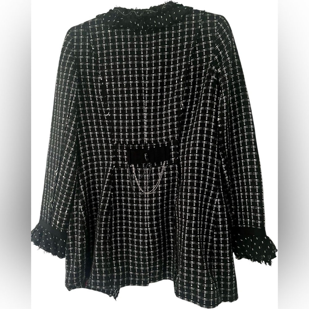 White House Black Market Black & White Tweed Fringed Open Blazer - Picture 5 of 6